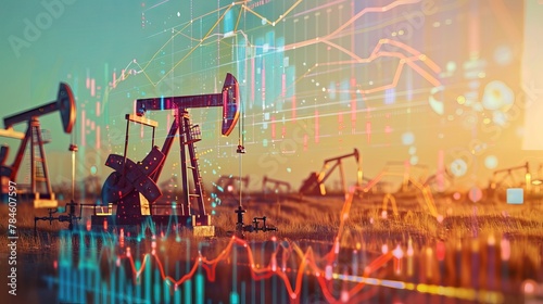 The concept of increasing gasoline prices visualized by financial charts overlaid on images of oil pumps in a field photo