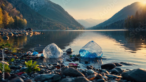 Plastic pollution of beautiful mountain lake photo