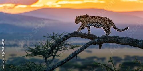 A leopard descending from an acacia branch  its eyes locked on the horizon  where the savanna meets the dramatic skyline of mountains at sunset.