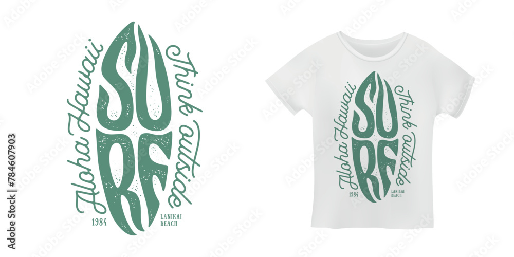 Naklejka premium Surf typography t-shirt design. Hand drawn surfboard lettering print. Aloha Hawaii apparel design. Vector illustration.