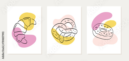 Set of posters with hand drawn bakery pastry. Outline croissant, donut, pretzel on abstract colored background.  © AnaRisyet