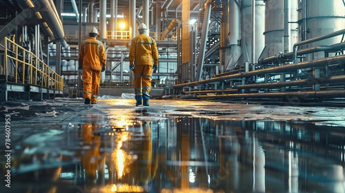 Workers engaged in the extraction and processing of crude oil at an industrial facility photo