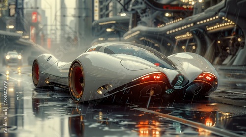 Car with automotive tires drives through watery city street in futuristic event