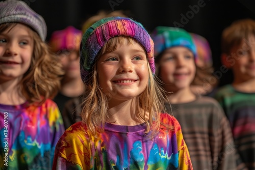 Smiling Child Performs in Choir with Tie Dye Shirts and Colorful Hats