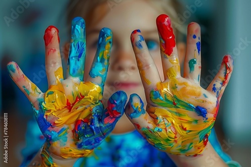 Colorful painted hands of a child expressing creativity and joy through art. Vibrant colors splashed on little hands showcasing imagination and freedom. World Art Day Concept photo