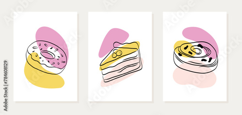 Set of posters with hand drawn bakery pastry. Outline cake, donut, cinnamon roll on abstract colored background.  © AnaRisyet