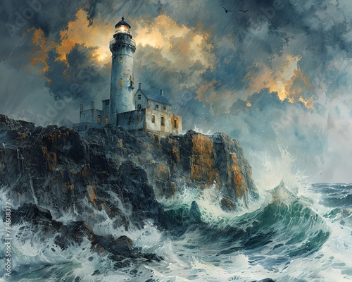 Illustrate a minimalist lighthouse perched on rocky cliffs overlooking a stormy sea, incorporating unexpected camera angles to infuse drama and intrigue into the scene using watercolor and pen and ink photo