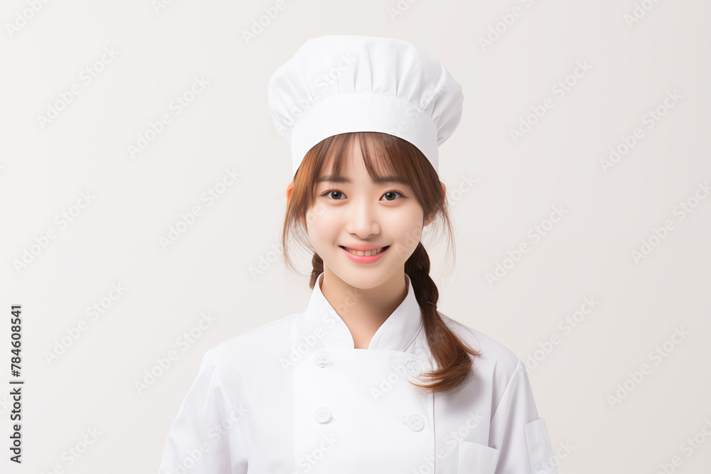 Teen pretty Japanese girl over isolated white background in chef uniform Teen pretty Japanese girl over isolated white background in chef uniform