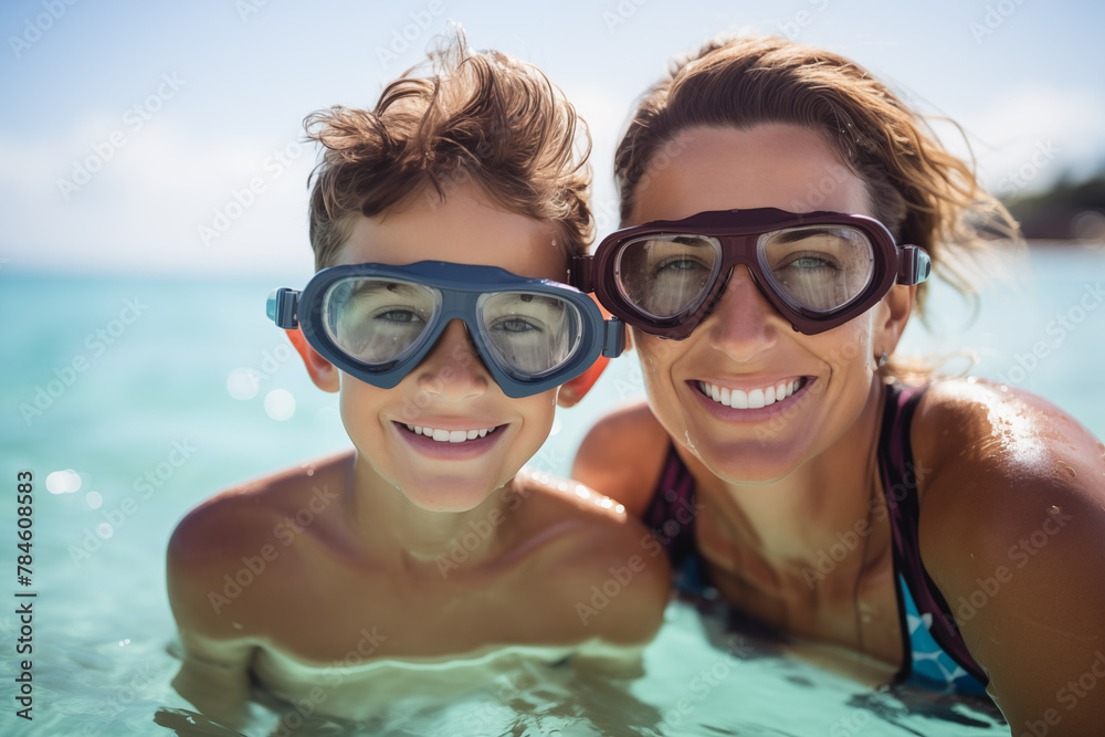 Mother and son at beach with diving goggles