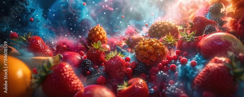 A surreal, cosmic-inspired scene with a bountiful assortment of berries and fruits, sparkling with droplets as if suspended in a celestial space.
 photo