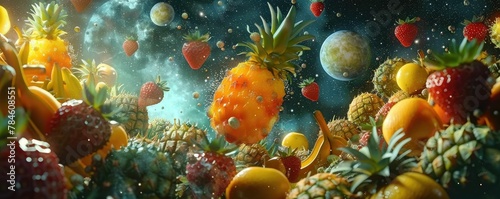 A surreal, cosmic-inspired scene with a bountiful assortment of berries and fruits, sparkling with droplets as if suspended in a celestial space. 