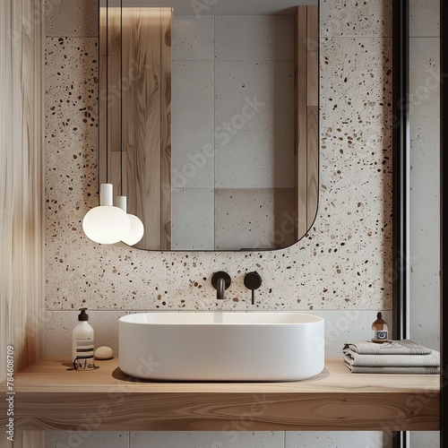 Contemporary Bathroom Interior  Wooden Counter and Terrazzo Wall with Sink