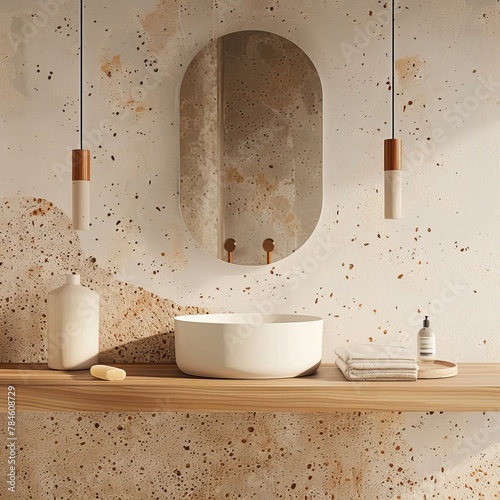 Modern Bathroom Design  White Sink and Wooden Counter on Beige Terrazzo Wall