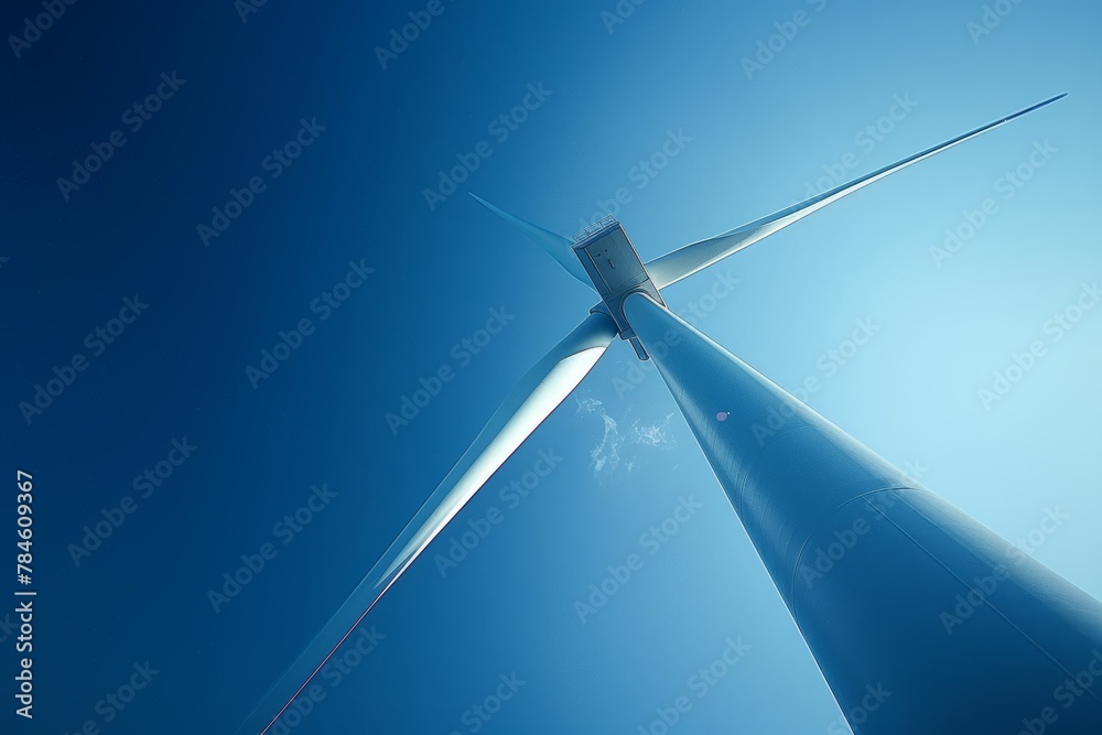 Low angle view of wind turbine against blue sky. Renewable energy, sustainability and power generation concept Low angle view of wind turbine against blue sky. Renewable energy, sustainability and power generation concept
