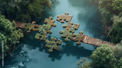 A bridge made of puzzle pieces, magically assembling over a river, symbolizing innovative solutions.