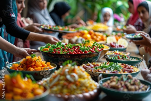 Ramadan feast buffet with traditional Muslim dishes, hands reaching for spicy curries, vegetable salads and savory delights. Celebration of holy month, community gathering, cultural diversity.
