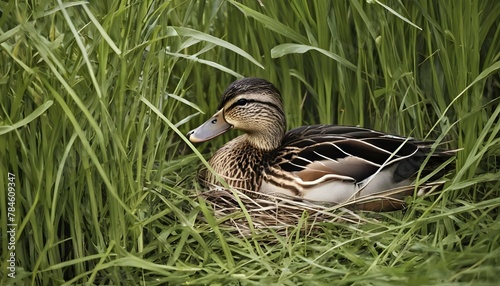 A Duck With A Delicate Nest Hidden In Tall Grass