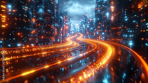 Visualize the concept of Long shot Financial Trends with a digital rendering technique that merges abstract art and urban exploration Utilize CG 3D rendering to create a futuristic cityscape intertwin