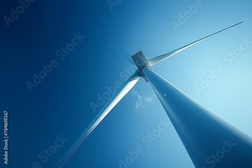 Low angle view of wind turbine against blue sky. Renewable energy, sustainability and power generation concept