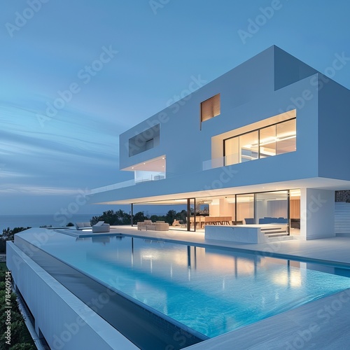 Modern Oasis: Exterior View of Luxurious Minimalist Villa with Pool © dr.rustem