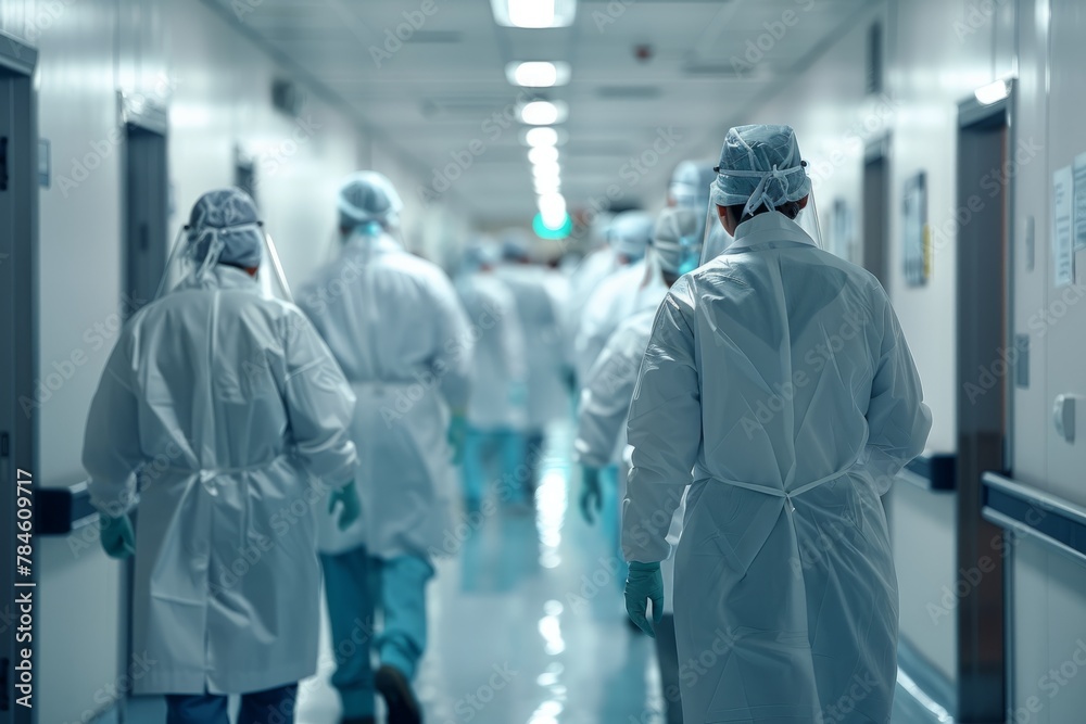 Healthcare workers in protective gear walking hospital corridor during pandemic Healthcare workers in protective gear walking hospital corridor during pandemic