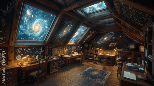 A dreamy attic study with skylights showing the night sky, filled with doodles of galaxies and nebulae on the walls for a relaxing study session photo