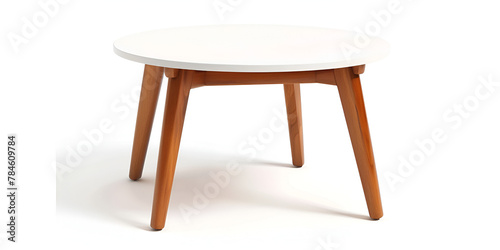 Round white coffee table standing on three wooden legs Stylish and functional