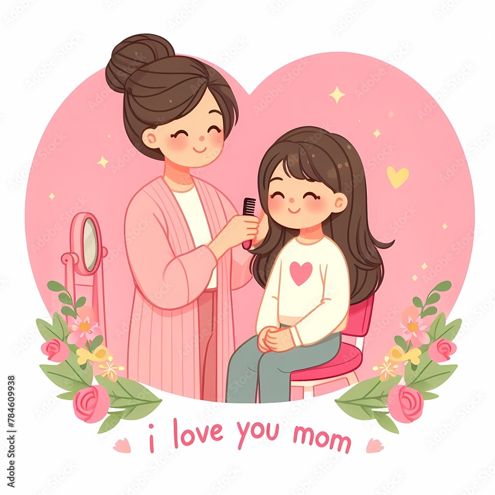 illustration of a mother is styling her daughter's hair, who is sitting on a chair illustration of a mother is styling her daughter's hair, who is sitting on a chair
