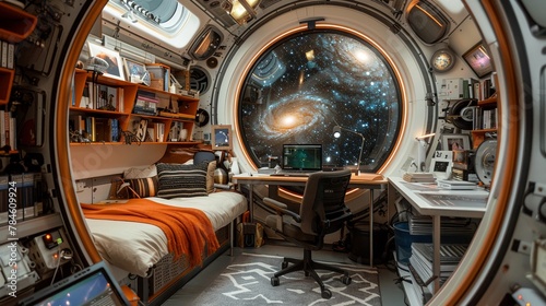 A snug writer s retreat on a space habitat, where AI tools analyze galaxy data to inspire science fiction stories photo