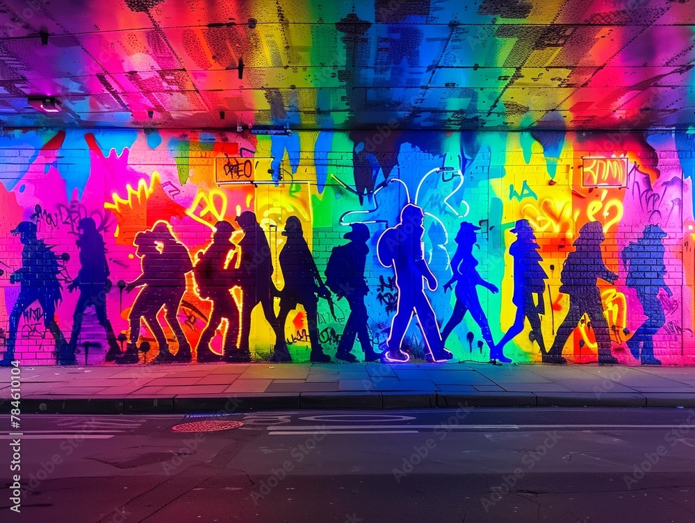 Graffiti wall meetup, neon art, street gangs negotiating territory, wide shot, urban edge