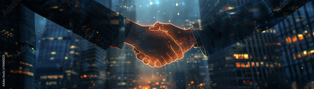 A glowing handshake bridging two corporate towers, symbolizing partnership and strong communication. - obrazy, fototapety, plakaty 