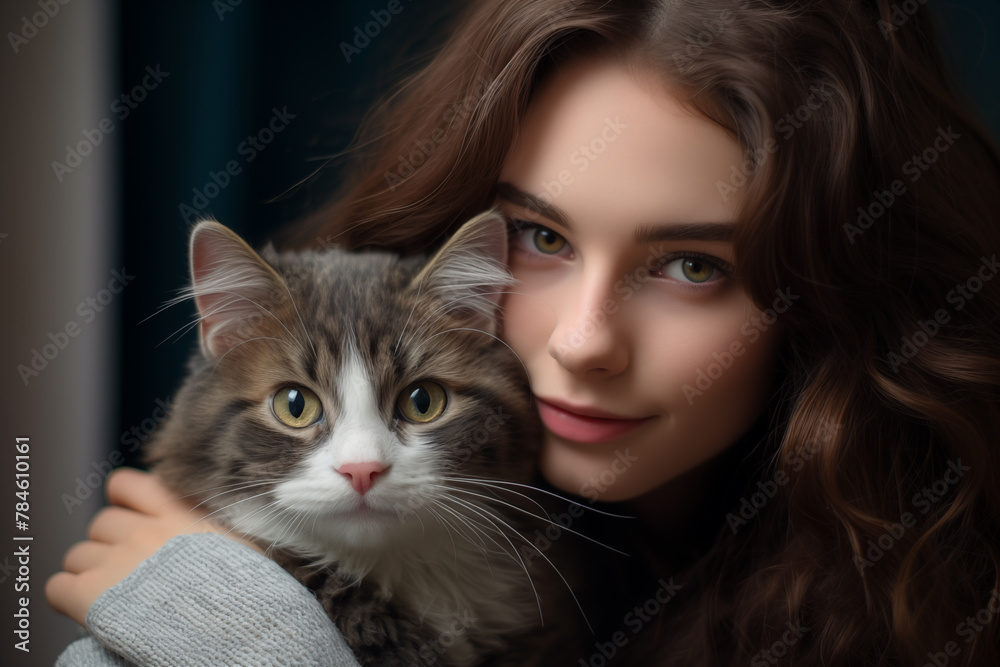 Young pretty brunette girl at indoors with a cat Young pretty brunette girl at indoors with a cat
