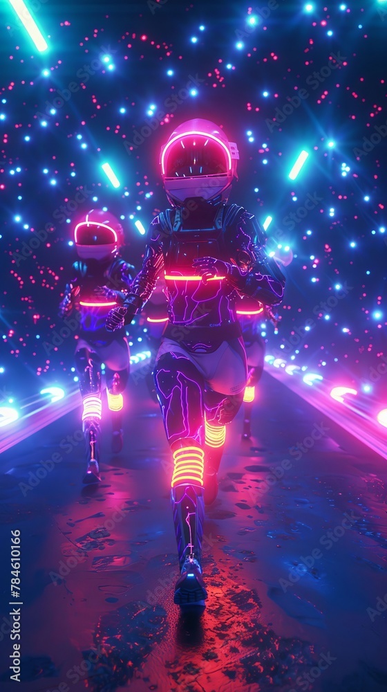 Neon warriors competing in a galaxythemed marathon, running through fields of cosmic mines and laser traps