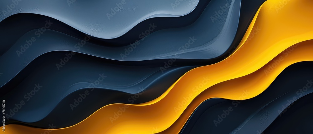 Blue and yellow waves in progression on a dark gray background. Abstract background or screensaver for a 34-inch ultrawide monitor. AI generative. Blue and yellow waves in progression on a dark gray background. Abstract background or screensaver for a 34-inch ultrawide monitor. AI generative.