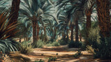 Within a secluded oasis, slender date palms sway in the gentle breeze, providing nourishment