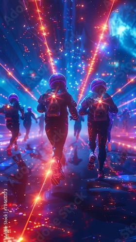 Neon warriors competing in a galaxythemed marathon, running through fields of cosmic mines and laser traps