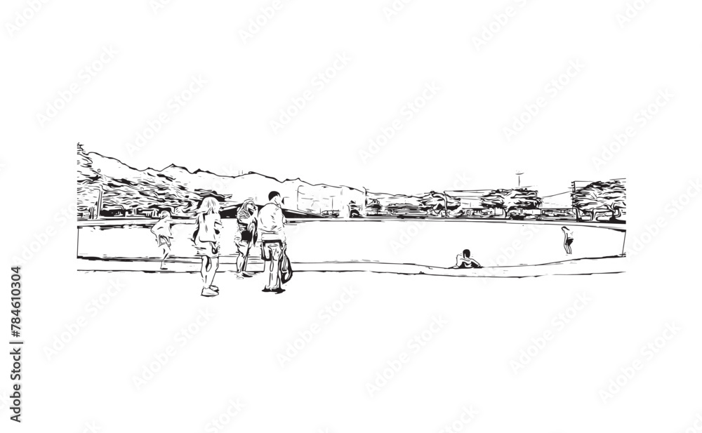 Print Building view with landmark of Santa Cruz de Tenerife is the city in Canary Islands. Hand drawn sketch illustration in vector.