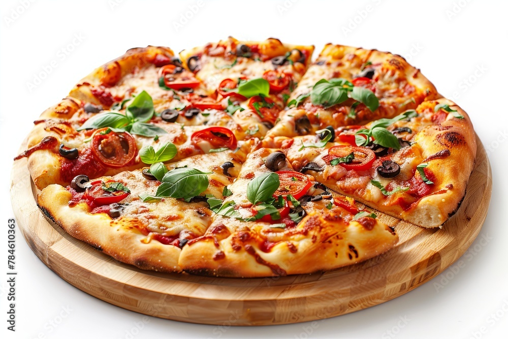 Tasty pizza served on wooden plate isolated on white