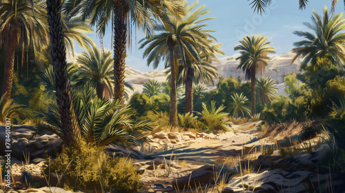 Within a concealed oasis  date palms sway in the breeze  their luscious fruit providing
