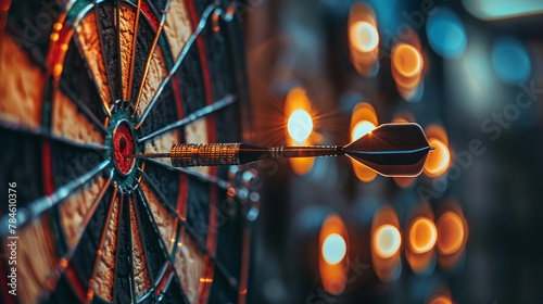 A dart flying straight to a bullseye with digital success metrics radiating out. photo