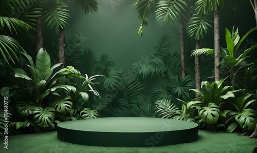 Dark green podium in tropical forest for product presentation and green background
