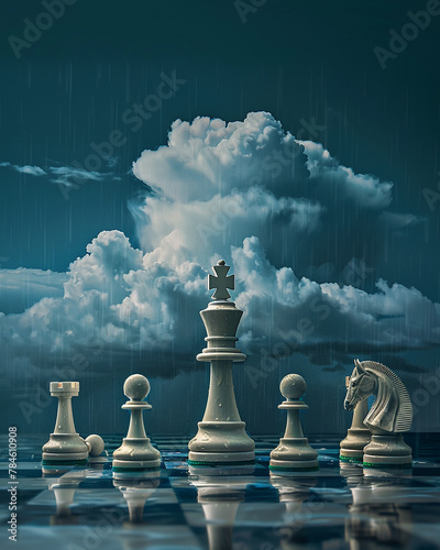 A chess piece standing under a looming raincloud, other pieces toppled around it, depicting a struggle with control and despair.