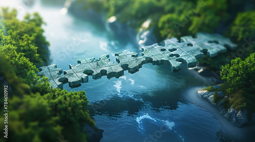 A bridge made of puzzle pieces, magically assembling over a river, symbolizing innovative solutions. photo
