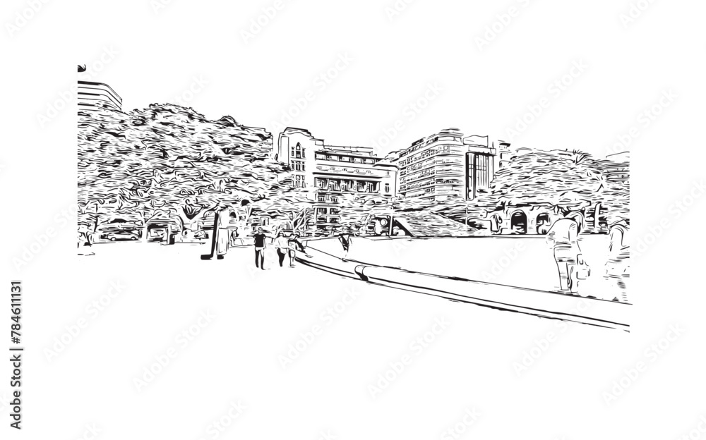 Print Building view with landmark of Santa Cruz de Tenerife is the city in Canary Islands. Hand drawn sketch illustration in vector.