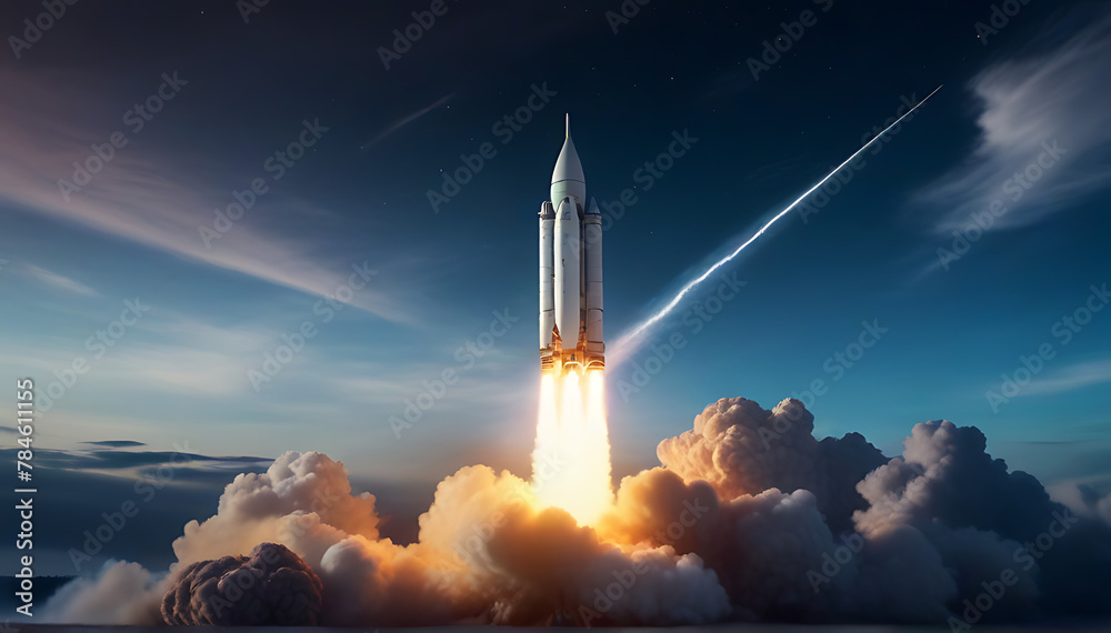 Obraz premium A military missile launch or rocket breakthrough the clouds in the sky for space exploration astronomy or ballistic rockets and air defense systems concepts, far distance shot, launch