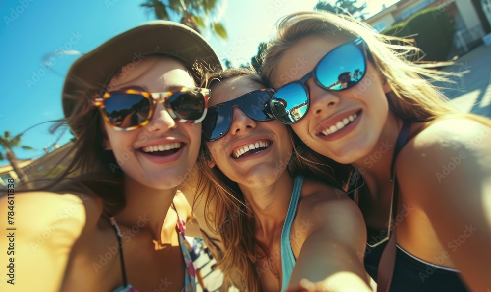 Happy friends taking a selfie. Summer, wide angle view Happy friends taking a selfie. Summer, wide angle view