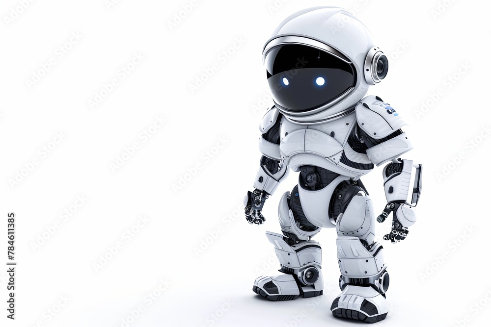 Miniature toy robot astronaut with white eyes isolated on white background with copy space Miniature toy robot astronaut with white eyes isolated on white background with copy space