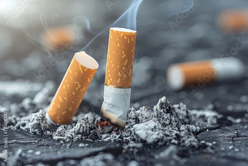 Cigarette butts smoldering in ash, toxic smoke and unhealthy addiction concept photo