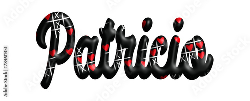 Patricla - black color with tic tac toe game with red hearts -name - three-dimensional effect tubular writing - Vector graphics - Word for greetings, banners, card, prints, cricut,, sublimation
 