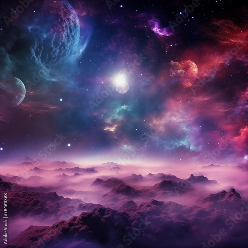 Breathtaking Space Art Depicting a Cosmic Nebula Over a Mountainous Alien Terrain